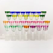 Group of Thirty Baccarat 'Harcourt' Pattern Blown Colored Cut to Clear Glass Rhine Wine Glasses