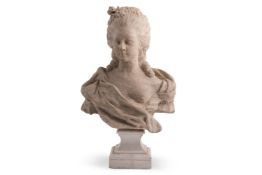 A CARVED LIMESTONE BUST OF A LADY, PROBABLY FRENCH