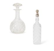 A CUT-GLASS CLUB-SHAPED DECANTER AND MUSHROOM STOPPER, 20TH CENTURY