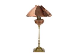 W.A.S. BENSON (BRITISH, 1854-1924) – A COPPER AND BRASS TABLE LAMP WITH ‘REFLECTOR’ SHADE