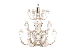 A LARGE WHITE PAINTED METAL EIGHTEEN LIGHT CHANDELIER, 20TH CENTURY