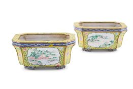 A PAIR OF CANTON YELLOW GROUND ENAMEL CANTED RECTANGULAR SMALL JARDINIERES, POSSIBLY QIANLONG