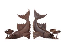 A PAIR OF WEATHERED WROUGHT IRON KOI CARP FISH CANDLESTICKS, MID 20TH CENTURY