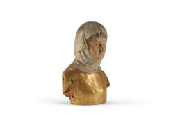 A GILT AND POLYCHROME CARVED LIMEWOOD BUST OF THE MADONNA