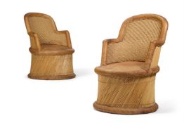 A PAIR OF INDIAN BAMBOO, WOVEN GRASS AND LEATHER TUB ARMCHAIRS, 20TH CENTURY