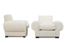 A PAIR OF ALPACA VELVET UPHOLSTERED LARGE ARMCHAIRS