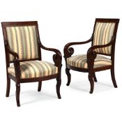 A PAIR OF MAHOGANY AND UPHOLSTERED ARMCHAIRS, IN EMPIRE STYLE, EARLY 20TH CENTURY
