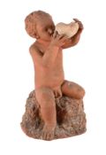 A TERRACOTTA FIGURE OF A SEATED PUTTI, 20TH CENTURY, TOGETHER WITH A LARGE TERRACOTTA VASE
