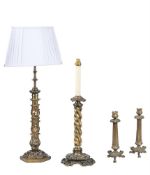 A PAIR OF FRENCH ORMULU EMPIRE STYLE CANDLESTICKS, LATE 19TH CENTURY, TOGETHER WITH TWO TABLE LIGHTS