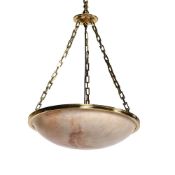 A GILT METAL MOUNTED ORANGE AND WHITE ALABASTER PENDANT LIGHT, EARLY 20TH CENTURY