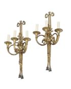 A PAIR OF FRENCH ORMOLU THREE-BRANCH WALL LIGHTS, IN LOUIS XVI STYLE