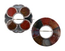 SCOTTISH INTEREST: TWO VICTORIAN SILVER AND AGATE CIRCULAR BROOCHES