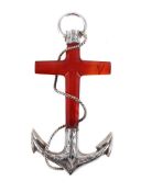 A VICTORIAN SILVER CORNELIAN ANCHOR BROOCH