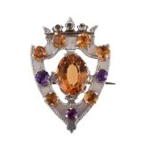 SCOTTISH INTEREST: A VICTORIAN SCOTTISH SILVER AMETHYST AND CITRINE SHIELD/LUCKENBOOTH BROOCH