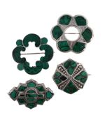 SCOTTISH INTEREST: FOUR VICTORIAN SILVER MALACHITE BROOCHES