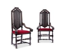 A PAIR ENGLISH ANTIQUARIAN OAK ARMCHAIRS, PARTS 17TH CENTURY