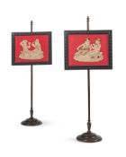 A PAIR OF ELIZABETHAN REVIVAL STAINED FRUITWOOD AND NEEDLEWORK POLESCREENS, 19TH CENTURY