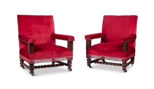 A PAIR OF VICTORIAN OAK OVERSCALE ARMCHAIRS, MID-19TH CENTURY