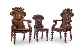 THE ADLINGTON HALL OAK HALL ARMCHAIRS, A PAIR OF VICTORIAN OAK HALL ARMCHAIRS