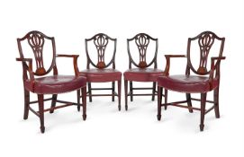 A SET OF FOUR SHERATON REVIVAL MAHOGANY AND MARQUETRY DINING-CHAIRS, EARLY 20TH CENTURY