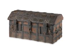 AN GRAINED AND PAINTED OAK AND IRON-BOUND CHEST, PROBABLY 16TH CENTURY