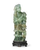 A LARGE CHINESE FLUORITE QUARTZ CARVING OF GUANGIN AND ATTENDANT, 20TH CENTURY
