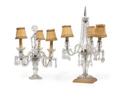 TWO CUT GLASS THREE BRANCH TABLE LIGHTS, LATE 19TH/EARLY 20TH CENTURY