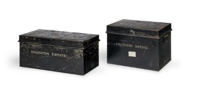 TWO BLACK PAINTED METAL ESTATE DEED BOXES, 19TH CENTURY