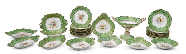 AN ENGLISH PORCELAIN APPLE-GREEN GROUND AND GILT PART DESSERT-SERVICEMID 19TH CENTURYPainted with