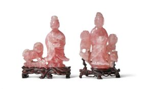 TWO CHINESE ROSE QUARTZ GROUPS OF GUANYIN AND BUDDHIST LIONS, LATE 19TH CENTURY