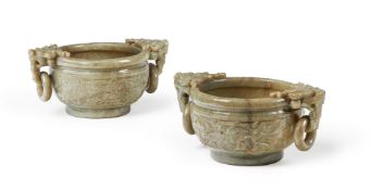 A LARGE PAIR OF CELADON JADE CENSERS, CHINESE, EARLY 20TH CENTURY