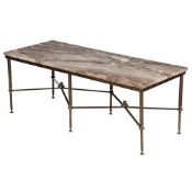 A GREY MARBLE AND BRASS LOW OCCASIONAL TABLE IN FRENCH TASTE, LATE 20TH CENTURY