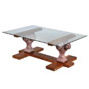 A STONE COMPOSITION OAK AND GLASS TOP COFFEE TABLE, CONTEMPORARY