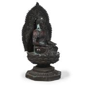 A BRONZE SEATED BUDDHA ON A LOTUS THRONE, 20TH CENTURY