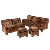 A PAIR OF ITALIAN SOFAS AND STOOLS EN-SUITE, IN ART DECO STYLE, SECOND QUARTER 20TH CENTURY