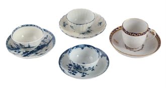 THREE VARIOUS WORCESTER BLUE AND WHITE PORCELAIN TEA BOWLS AND SAUCERS, THIRD QUARTER 18TH CENTURY