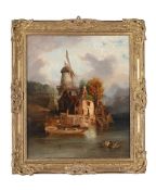 ENGLISH SCHOOL (19TH CENTURY), BUILDINGS BY A LAKE WITH A WINDMILL