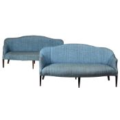 A MATCHED PAIR OF BLUE UPHOLSTERED SOFAS, ONE LATE 19TH CENTURY