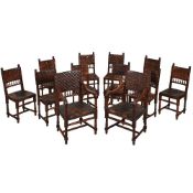 A SET OF TWELVE VICTORIAN CARVED WALNUT AND LEATHER UPHOLSTERED DINING CHAIRS, LATE 19TH CENTURY
