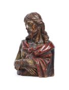 A CARVED FRUITWOOD POLYCHROME BUST OF CHRIST, FLEMISH OR SPANISH, 16TH OR 17TH CENTURY