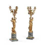 A PAIR OF LARGE SATIN ORMOLU AND MARBLE THREE-LIGHT CANDELABRA, BELLE EPOQUE PERIOD