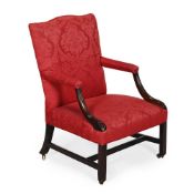 A GEORGE III MAHOGANY AND UPHOLSTERED ARMCHAIR, LATE 18TH CENTURY