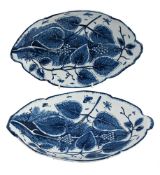A PAIR OF BOW PORCELAIN BLUE AND WHITE OVAL RELIEF-MOULDED SERVING DISHES, CIRCA 1765