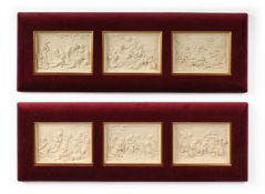 A PAIR OF VELVET FRAMED PANELS OF THREE IVORINE BACCHIC PANELS, MODERN