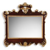 A LARGE MAHOGANY AND PARCEL GILT MIRROR IN GEORGE II STYLE, 19TH CENTURY