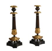 A PAIR OF ORMOLU AND PATINATED BRONZE CANDLESTICKS, FRENCH, 19TH CENTURY
