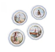 FOUR GUSTAFSBERG PORCELAIN DESSERT PLATES PAINTED WITH FIGURES IN NATIONAL DRESS, LATE 19TH CENTURY