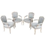 A SET OF FOUR PAINTED GESSO AND UPHOLSTERED FAUTEUILS, IN LOUIS XV STYLE