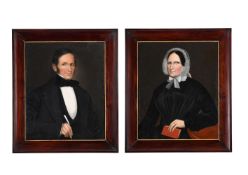 ENGLISH NAÏVE SCHOOL (19TH CENTURY), A PAIR OF PORTRAITS OF A GENTLEMAN AND A LADY