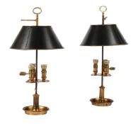 A PAIR OF BOUILLOTTE LAMPS WITH TOLE PEINTE SHADE, 19TH CENTURY AND LATER ADAPTED
